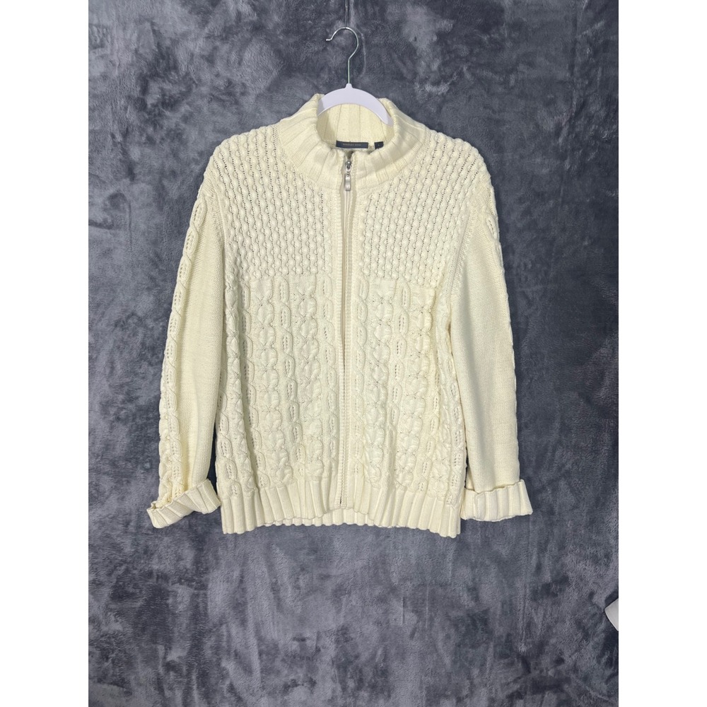 Amber Sun Cream Cable Knit Full Zip Mock Neck Cardigan Sweater Ivory Large